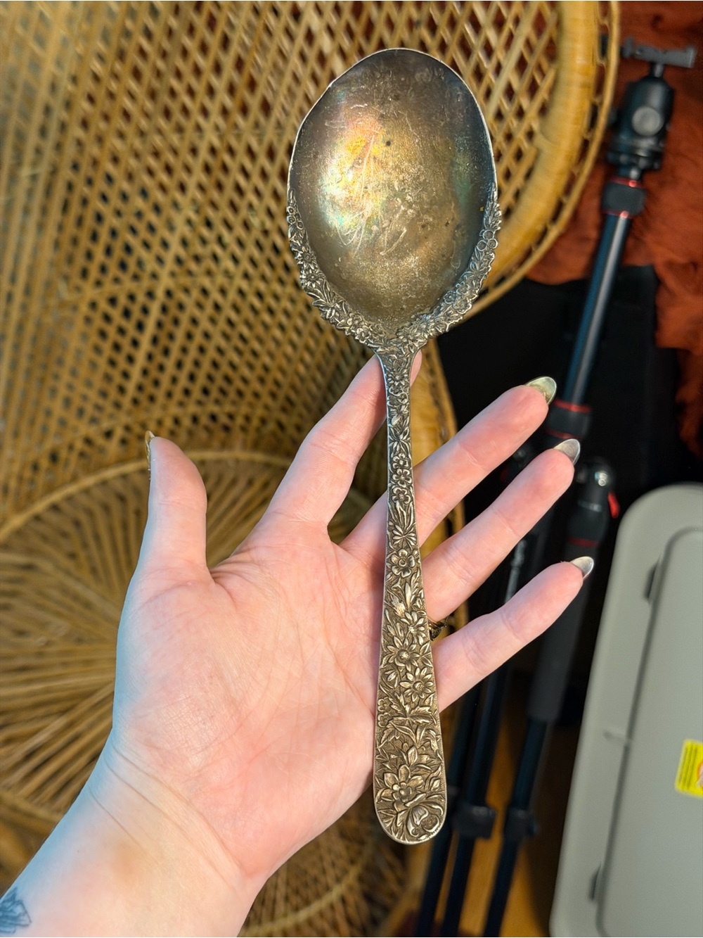 Heavy antique Repousse sterling silver serving spoon